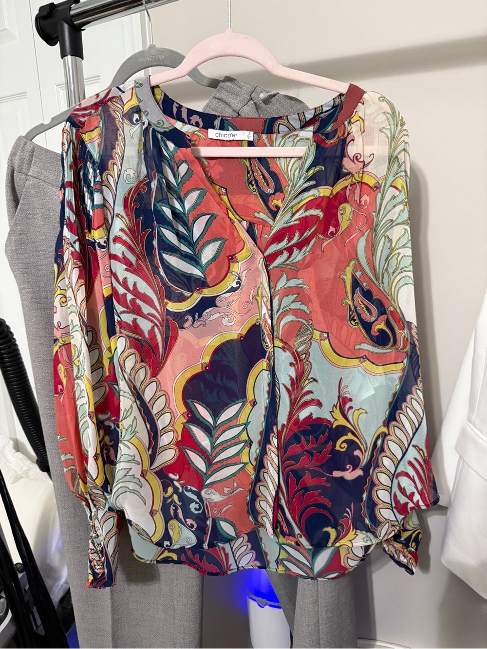 Chico's Coral, Navy & Teal Botanical Paisley Button-Front Blouse